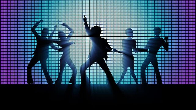 Disco Party People Dancing Silhouette, people dancing in front of a colorful light background.