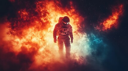 Astronaut striding through a fiery nebula.