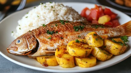 Delicious golden fried fish plate with rice, potatoes and tomato salsa