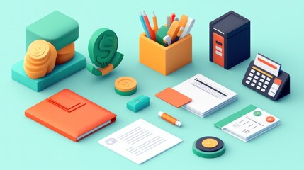 Isometric Financial Workspace Illustration Emphasizing Organization and Data Analytics