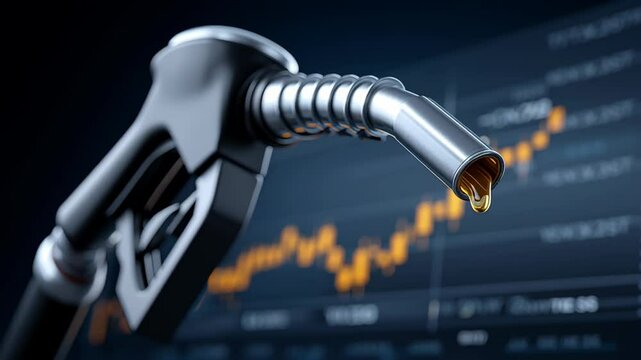 Global trade small business. Fuel pump nozzle with oil drip in front of rising financial chart symbolizing energy market growth and increasing oil price trends