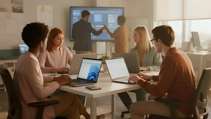 Collaborative Team Meeting: Modern Office, Data Analysis, and Presentation - Powered by Adobe