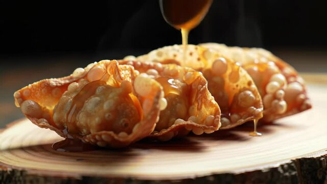 Crispy fried wontons on wood plate close-up shot