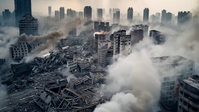 bombed-out city skyline.