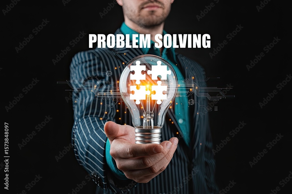 Poster businessman holding a glowing light bulb filled with interconnected puzzle pieces symbolizing proble
