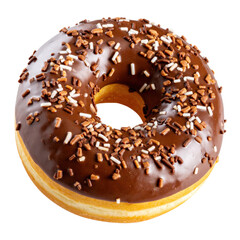A rich chocolate glazed donut with white and brown sprinkles, perfect for indulgence.