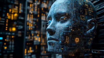 Close-up of a digital human head with circuit board design.