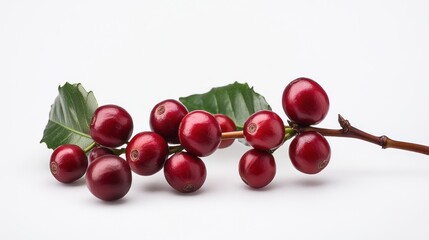 Vibrant Coffee Cherries on the Branch with Fresh Green Leaves on White Surface