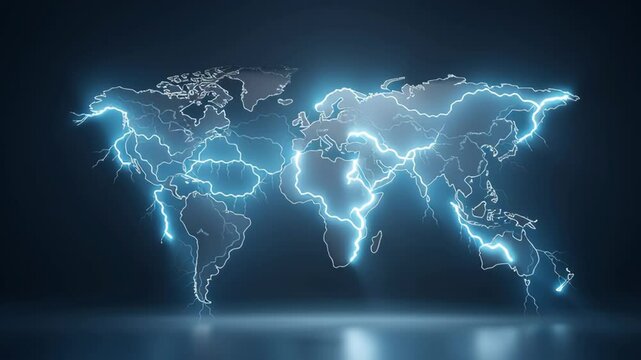 Global trade small business. Electric lightning shaped world map glowing on dark background with bright blue light and energy creating dynamic and futuristic atmosphere