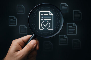 digital document validation, quality assurance, document auditing, magnifying glass, digital checklist, document review, audit icon, compliance check, inspection, digital QA, modern auditing, quality 