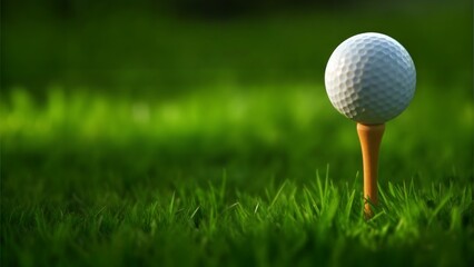close-up of a white golf ball resting on a wooden tee, perfectly framed against vibrant green grass