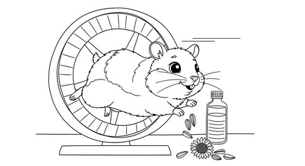 An endearing hamster runs happily in its exercise wheel, showcasing a playful pet with food nearby, perfect for coloring books or design projects.