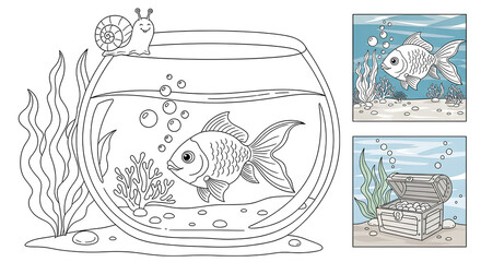 A coloring page showcases a goldfish swimming in a bowl, accompanied by a snail, perfect for children's coloring activities, artistic projects, and learning.