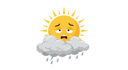 Cartoon sun with a gloomy expression peers from behind a gray rain cloud, with water droplets falling below conveying the gloomier weather.
