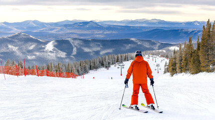 Skiing at a snowy slope with a breathtaking view of distant mountains