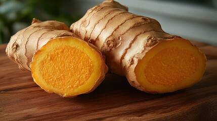 Two turmeric roots on wooden board, one sliced open revealing vibrant orange interior.