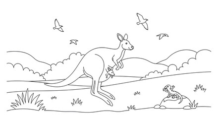An Australian animal coloring page displays a kangaroo with a joey alongside birds in the sky and a lizard on a rock, evoking nature and wildlife.