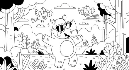 A whimsical coloring page featuring a cool rhinoceros wearing sunglasses, surrounded by birds and lush vegetation, inviting creative fun and artistic expression.