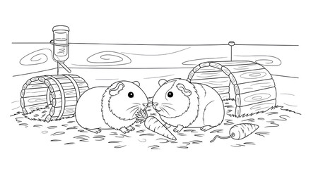 Two adorable guinea pigs enjoy carrots in their cozy enclosure, a delightful pet scene showcasing playful companionship and domestic animal charm.