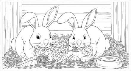 Two adorable rabbits munch on fresh carrots in a rustic hutch, creating a charming and whimsical line art illustration great for various creative projects.