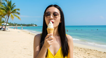 Beautiful Asian Woman Enjoying Ice Cream on a Hot Summer Beach Day