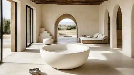 A minimalist, open-plan living space featuring a large, round bathtub.