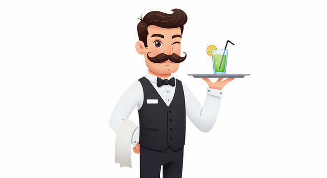 recommend clip art: Cartoon waiter serving cocktail drink on tray vector illustration for restaurant bar menu