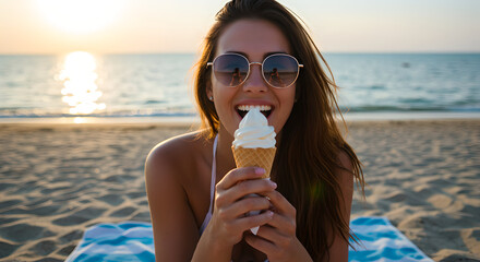 Happy young woman enjoying ice cream on beach at golden hour