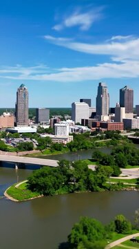 Panoramic view of a city skyline, river, and parkland