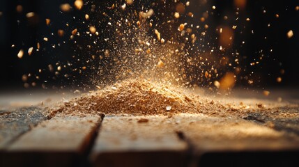 Dynamic Wood Shavings Cascade on Wood Surface in Mesmerizing Display