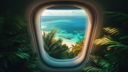 Tropical paradise seen through an airplane window on vacation journey