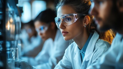 Focused medical research team analyzing test tube data in the laboratory