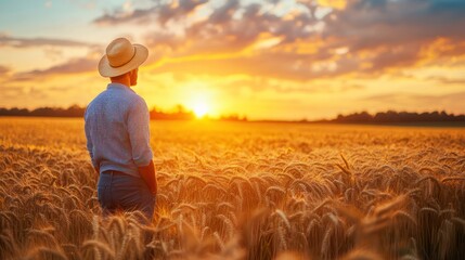 Golden hour farmer standing in wheat field admires sunset tranquility