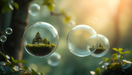 Abstract nature scene with floating glossy bubbles containing miniature forests inside, environmental sustainability symbolism 2