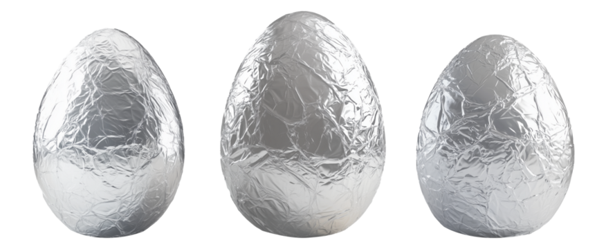 A large chocolate Easter egg wrapped in crinkled silver foil, isolated on white transparent background