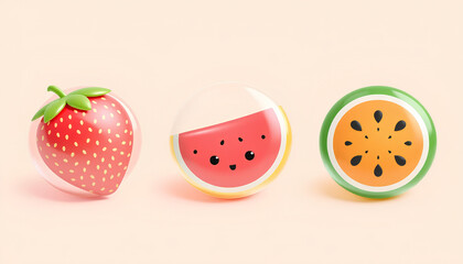 Abstract pastel bubble icons of fruits strawberry, banana, and watermelon, 3D rendered in soft pop visual style, vibrant but soft 2