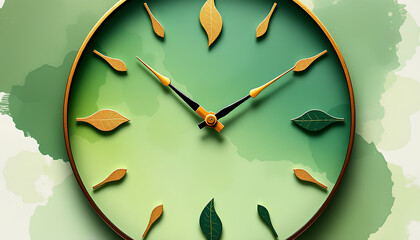Abstract nature-inspired wall clock using flowing leaf shapes as hour markers, watercolor texture in green and gold tones 2