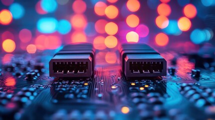 Macro View of Interconnected USB Ports on a Circuit Board with Bokeh Lights