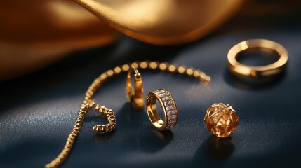 Luminous gold jewelry arranged elegantly against a dark, shimmering surface