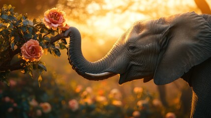 Gentle giant enjoying the delicate fragrance of roses at golden hour