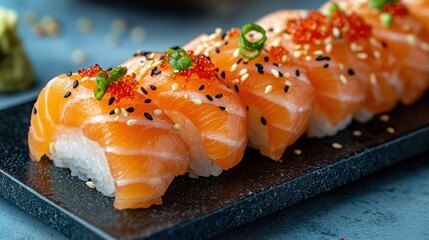 Delicious Salmon Sushi Rolls Adorned with Caviar and Sesame Seeds on Plate