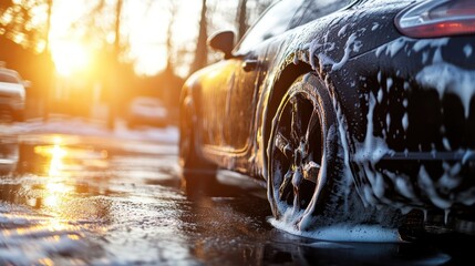 Exterior Washing: Luxury vehicle being diligently washed with foam on a sunny day