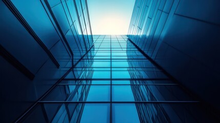 Striking low-angle view of modern glass and steel office building facade