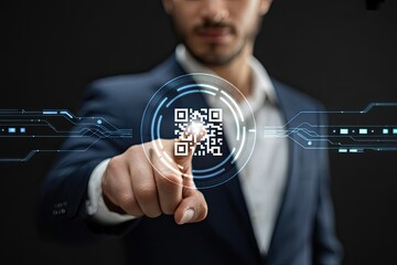 Man in a suit touching a glowing digital qr code with futuristic circuitry elements on a dark background