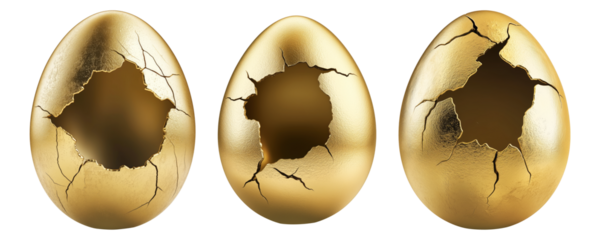 Cracked golden egg with hollow center isolated on white transparent background. The broken shell symbolizes wealth
