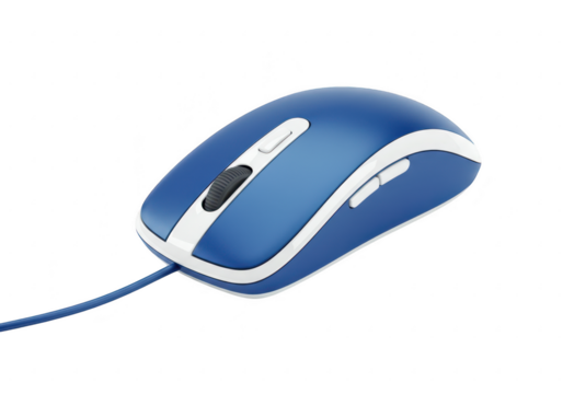 A sleek blue and white wired computer mouse isolated on transparent background