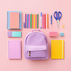 Flat lay of colorful school supplies including notebooks, pencils, scissors and a backpack on pastel pink background. Back to school creative composition.