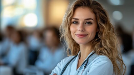 Friendly female doctor with a stethoscope smiling to the camera in clinic
