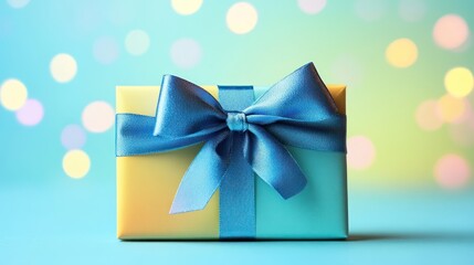 Wrapped present with a satin ribbon on a bokeh light abstract background