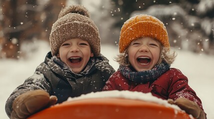 Delighted children embracing winter joys with beaming smiles during a sledding adventure